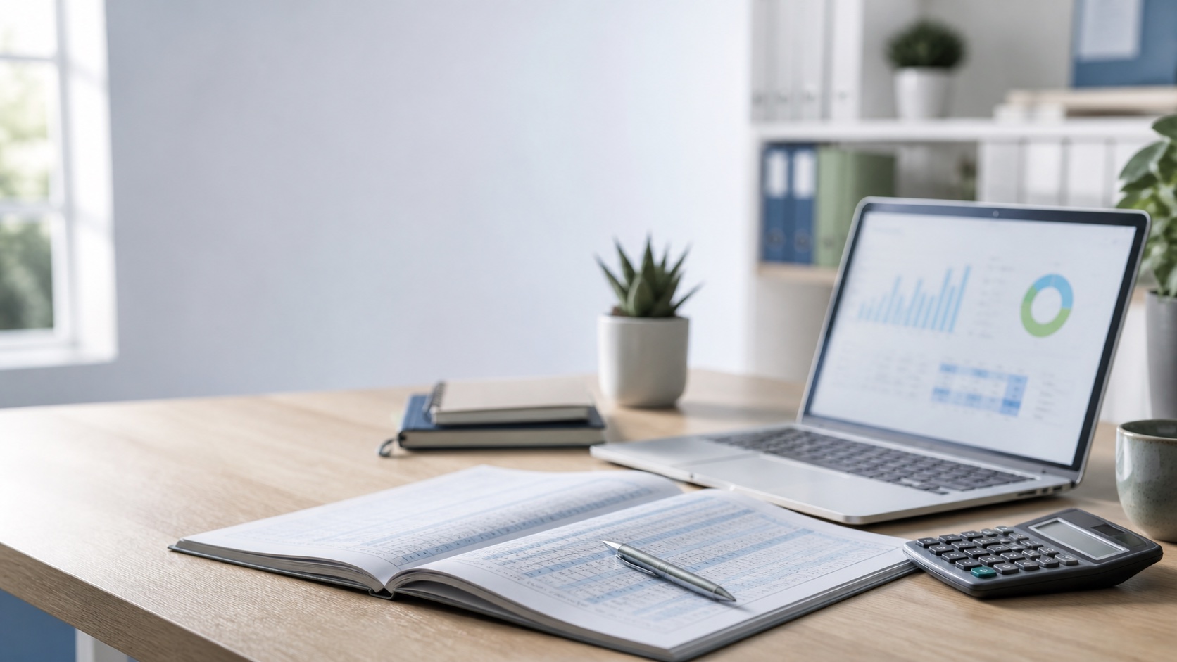 Accounting workspace with ledger, calculator and laptop