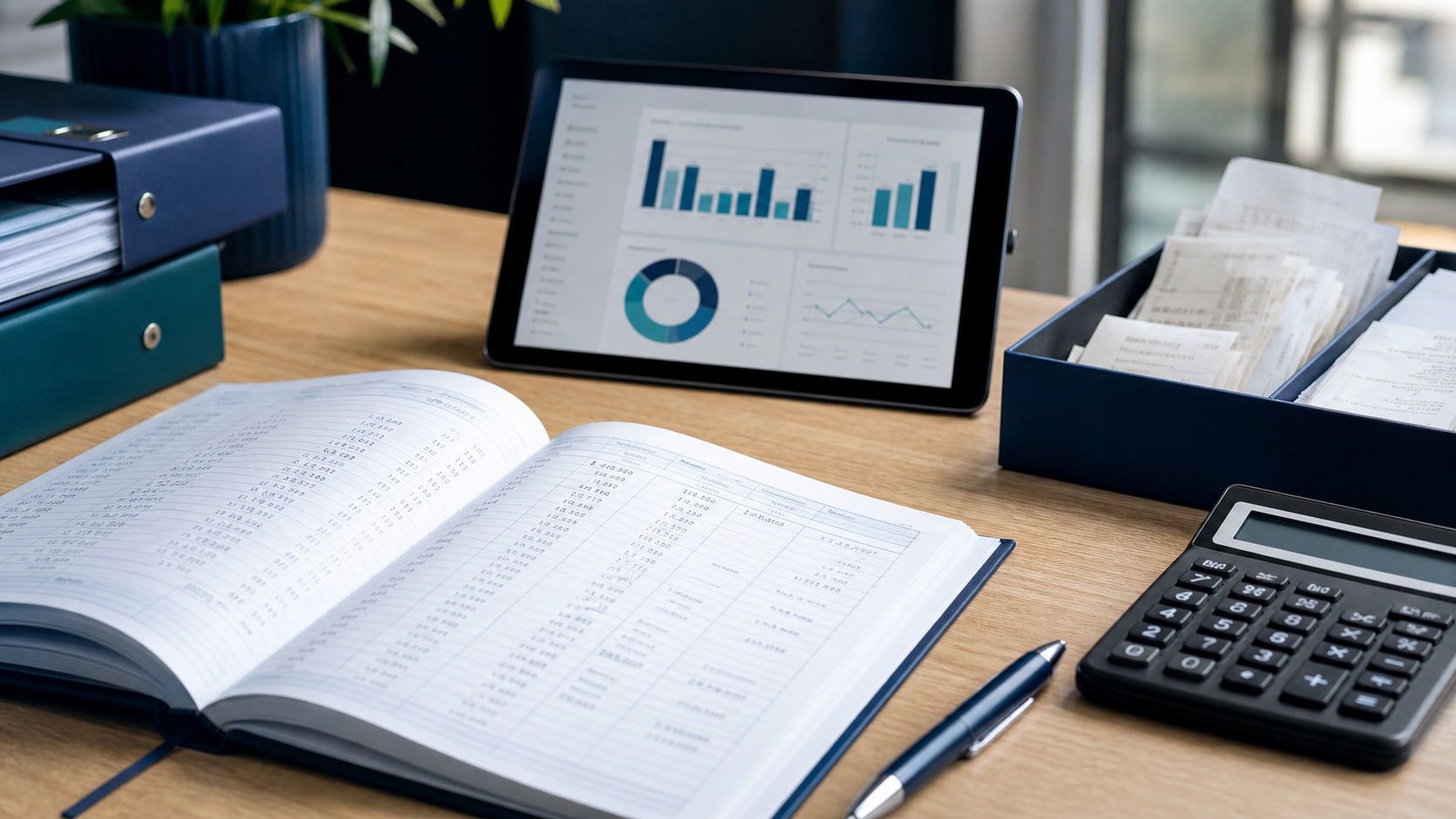 Organised bookkeeping workspace with ledger, tablet and calculator