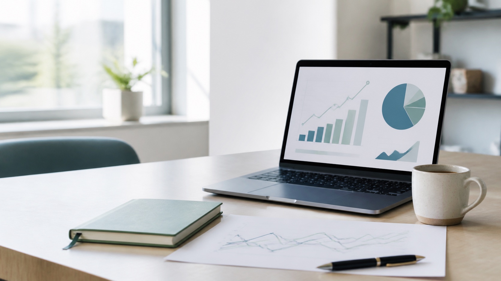 Business planning desk with growth charts and notebook