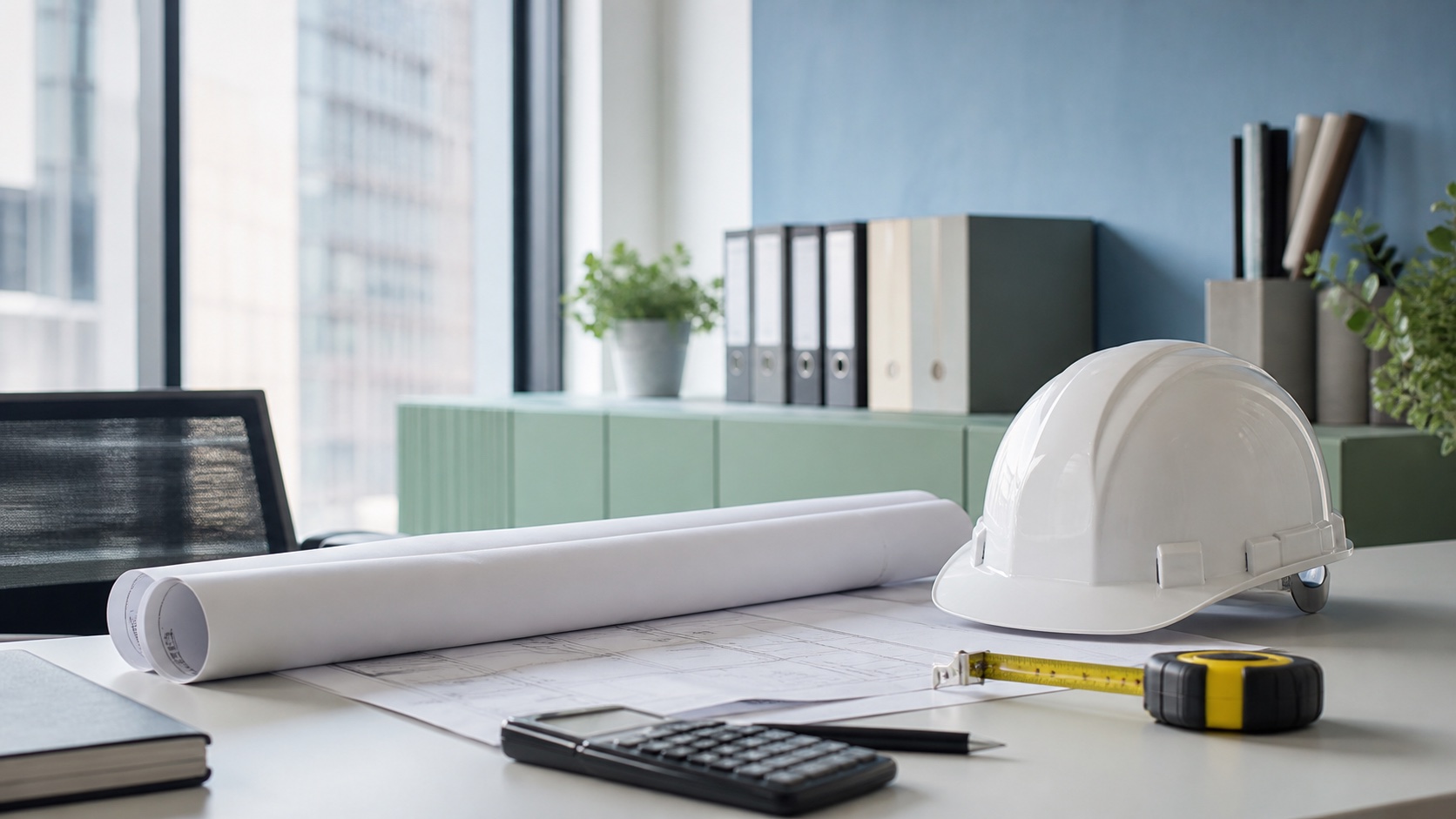 Construction planning desk with blueprint and safety helmet