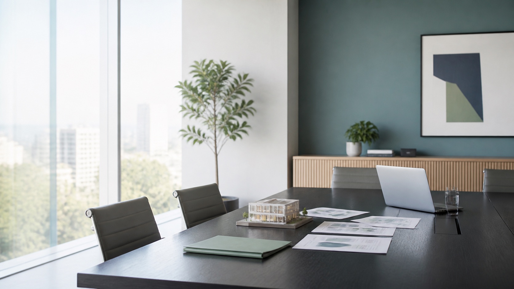 Company planning table with laptop and business documents