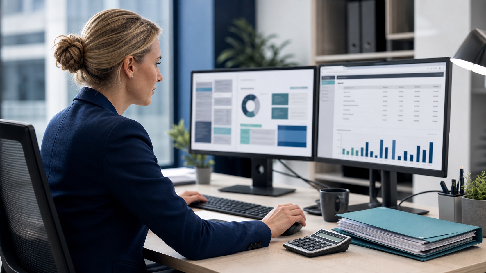 Payroll specialist working with a payslip dashboard and employee folder